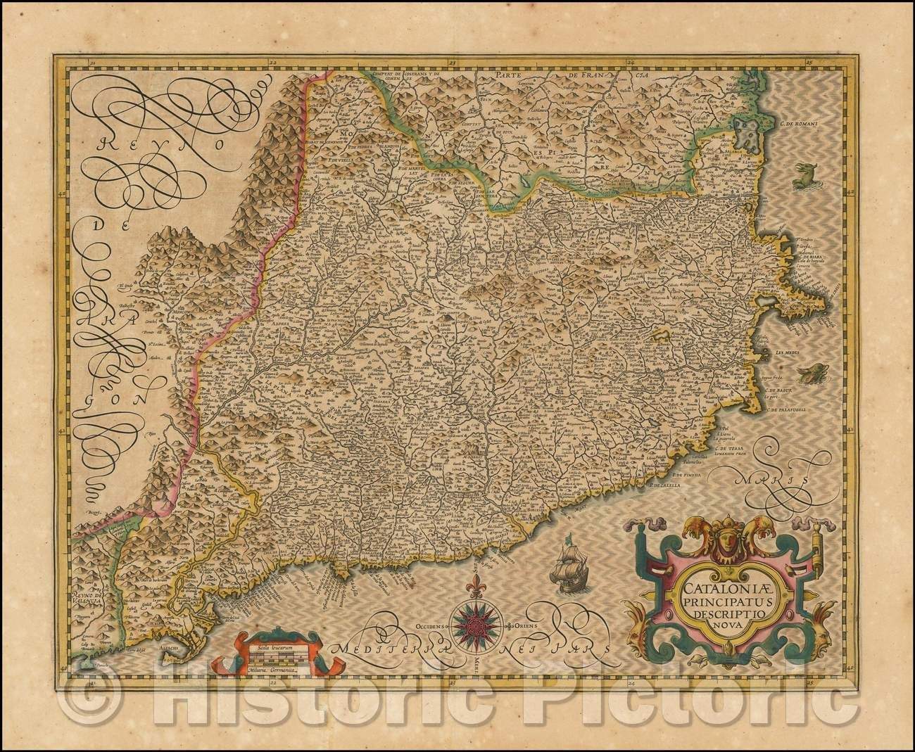 Historic Map - Cataloniae Principatus Descriptio Nova/New government Cataloniae Description, 1619, Jodocus Hondius - Vintage Wall Art