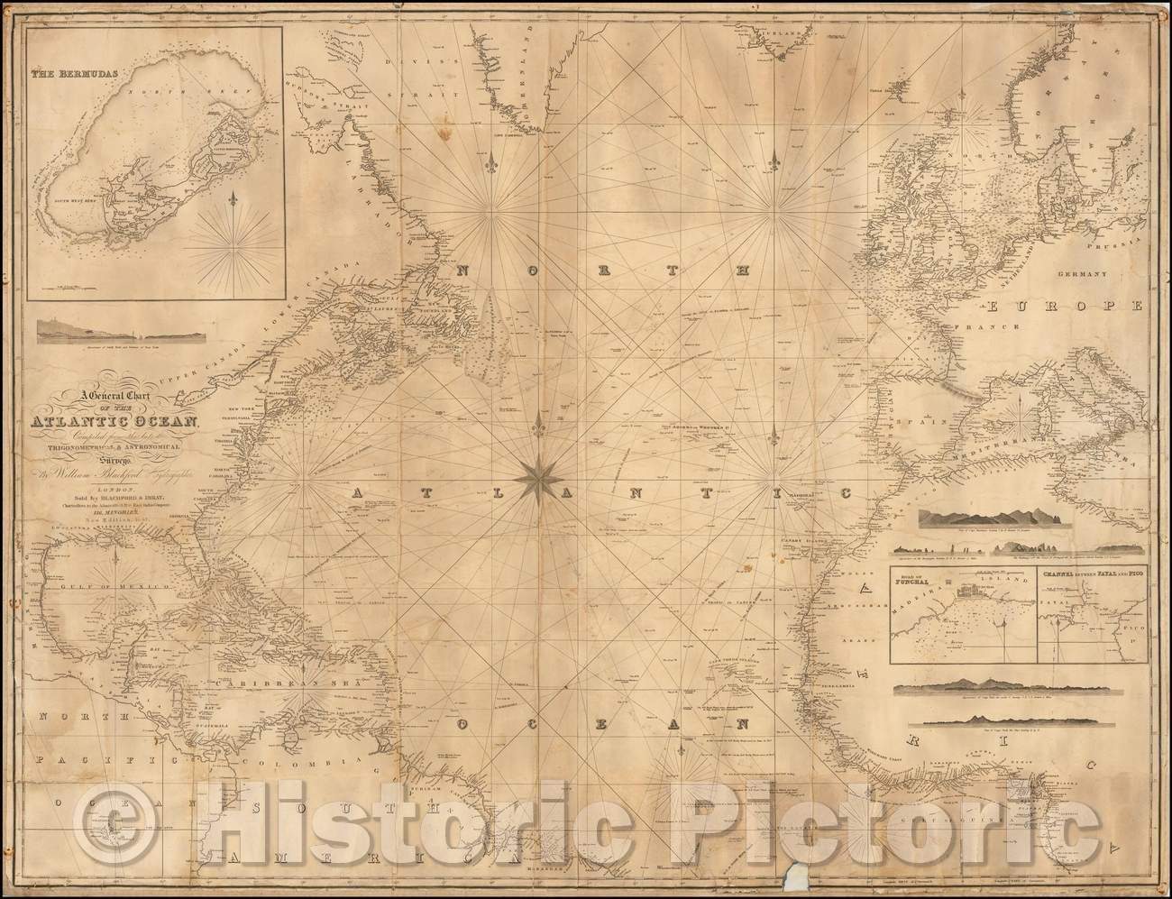 Historic Map - A General Chart of the Atlantic Ocean, compiled from the latest Trigonometrical & Astronomical Hydrographer Surveys, 1847, Blachford & Imray - Vintage Wall Art