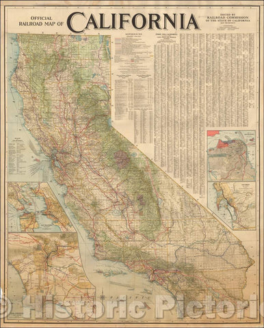Historic Map - Official Railroad Map of California Issued, 1915, Railroad Commission of the State of California - Vintage Wall Art