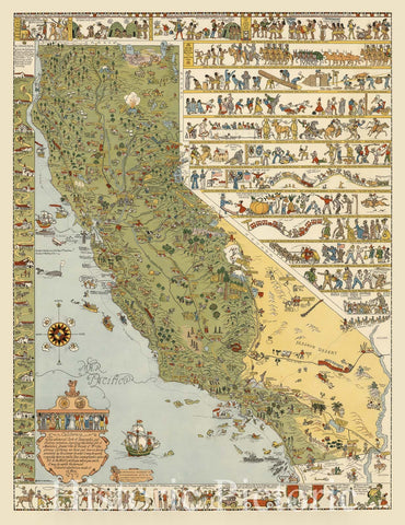 Historic Map - California. Topographic and Historic intention, Isle of Montalvo's dream, The El Dorado of '49, 1927, Jo Mora - Vintage Wall Art