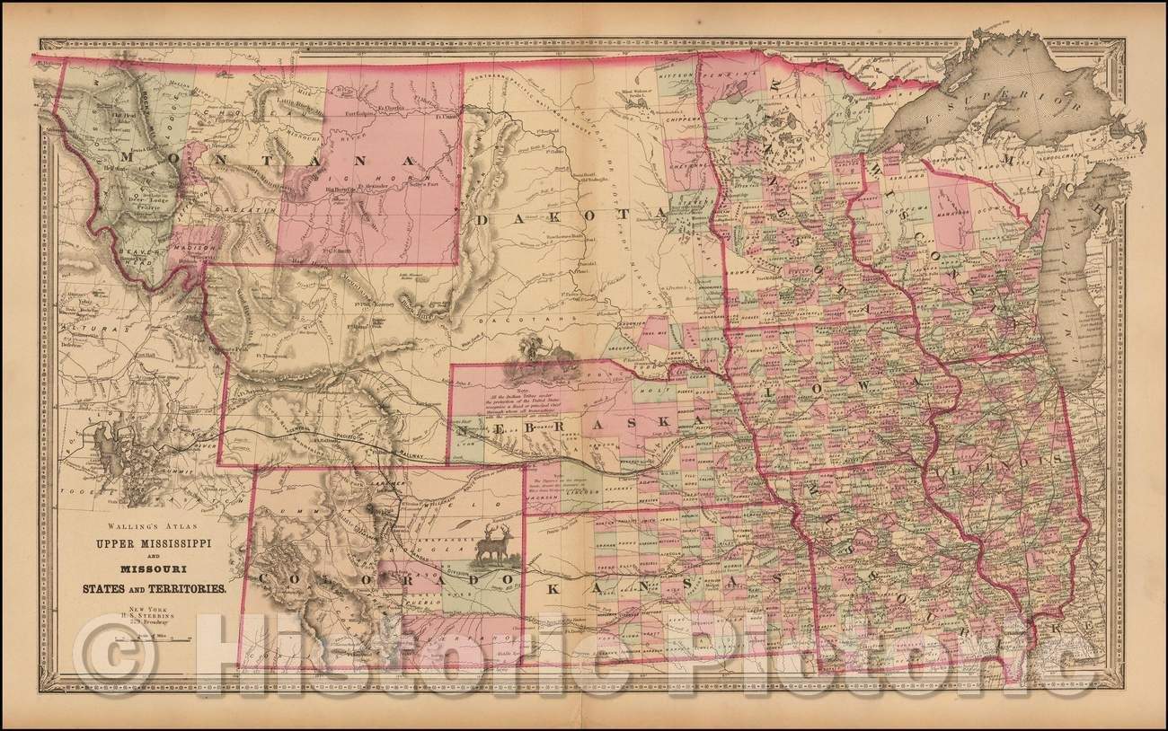 Historic Map - Upper Mississippi and Missouri States and Territories, 1866, H.S. Stebbins - Vintage Wall Art
