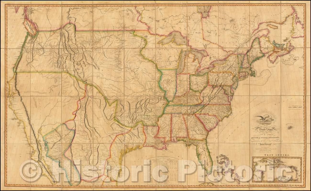 Historic Map - Map of the United States with the Contiguous British & Spanish Possessions, 1818, John Melish - Vintage Wall Art