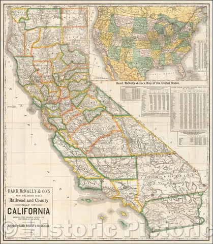 Historic Map - Rand, McNally & Co.'s New Enlarged Scale Railroad and County Map of California Showing Every Railroad Station and Post Office In The State, 1883 - Vintage Wall Art
