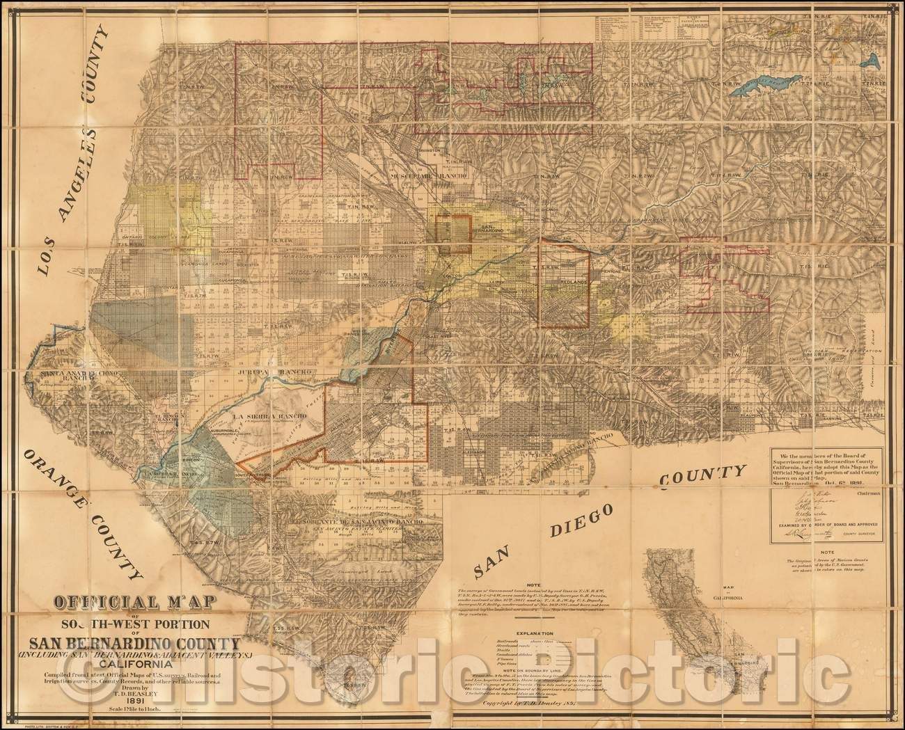 Historic Map - Official Map of South-West Portion of San Bernardino County (Including San Bernardino & Adjacent Valleys.) California, 1891, T. D. Beasley - Vintage Wall Art