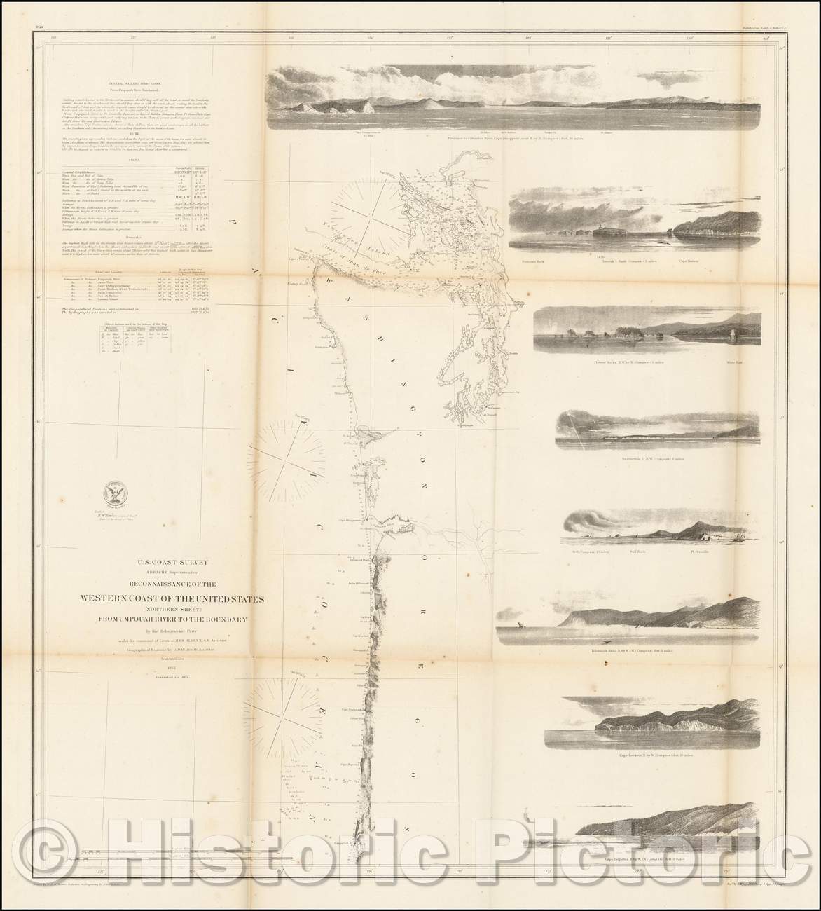 Historic Map - Reconnaissance of the Western Coast of the United States Northern Sheet From Umpquah River to the Boundary, 1855, United States Coast Survey - Vintage Wall Art