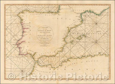 Historic Map - A Chart of the Coasts of Spain and Portugal, with the Balearic Islands, and Part of the Coast of Barbary. MDCCLXXX, 1780, William Faden v2