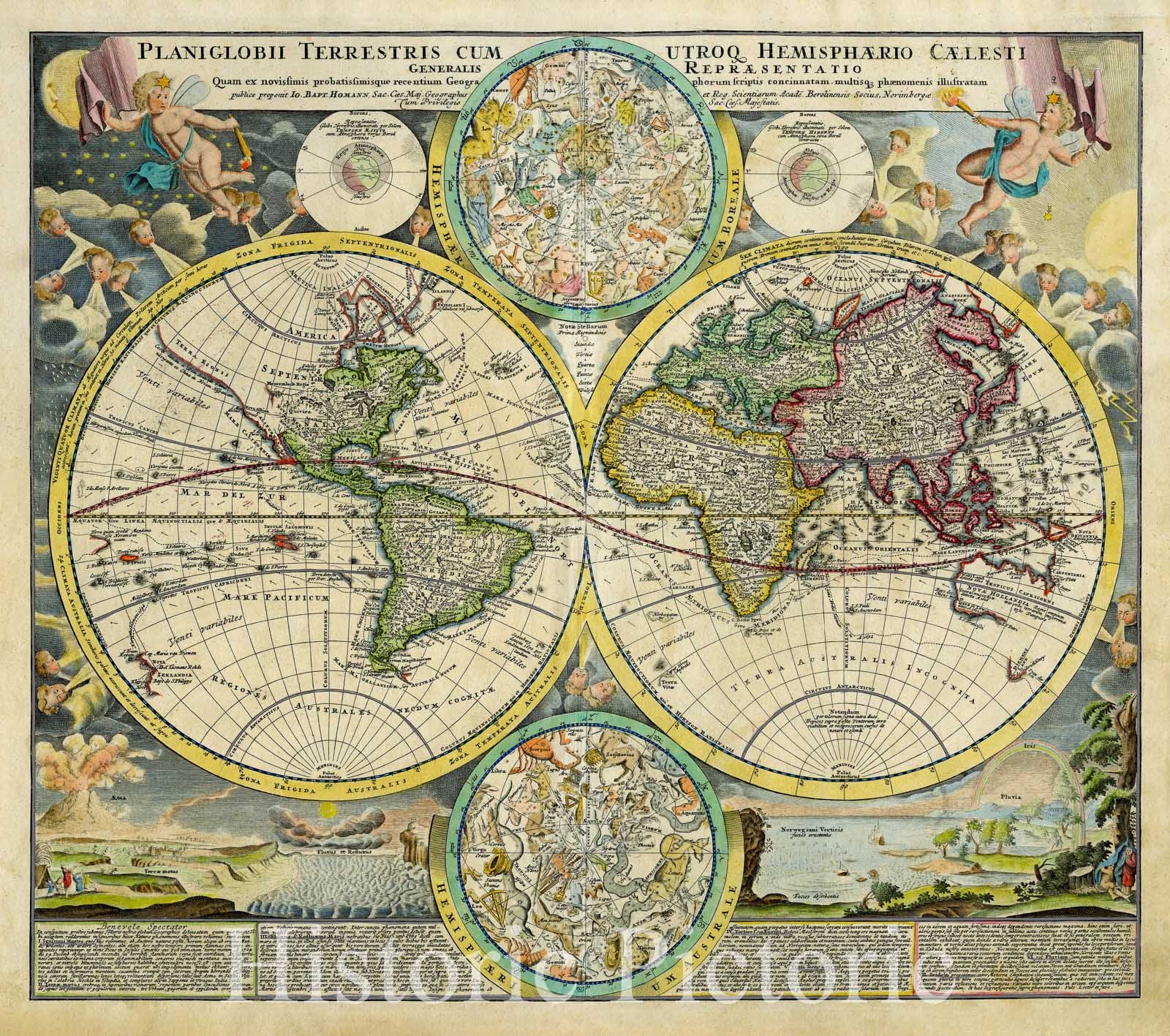 Historic Map - Planiglobii Terrestris Cum Utroq Hemisphaerio Caelesti Generalis Exhibitio, 1720, Johann Baptist Homann v6