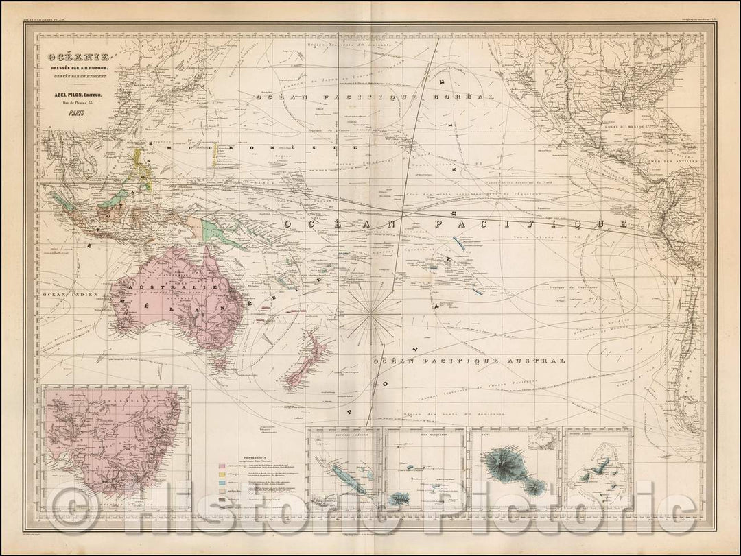 Historic Map - Oceanie, 1850, Adolphe Hippolyte Dufour - Vintage Wall Art