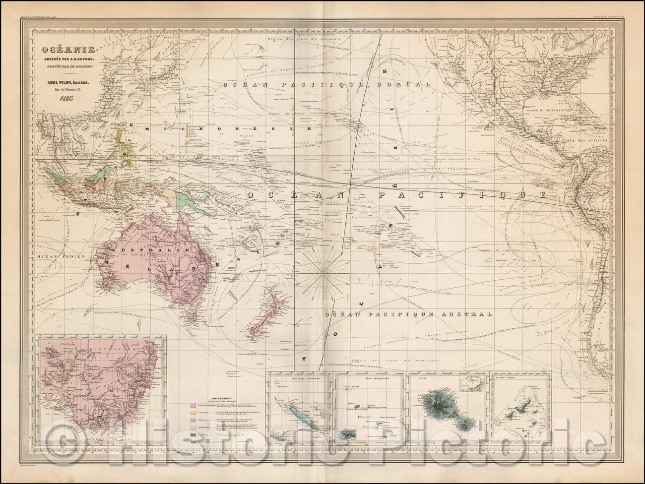 Historic Map - Oceanie, 1850, Adolphe Hippolyte Dufour - Vintage Wall Art