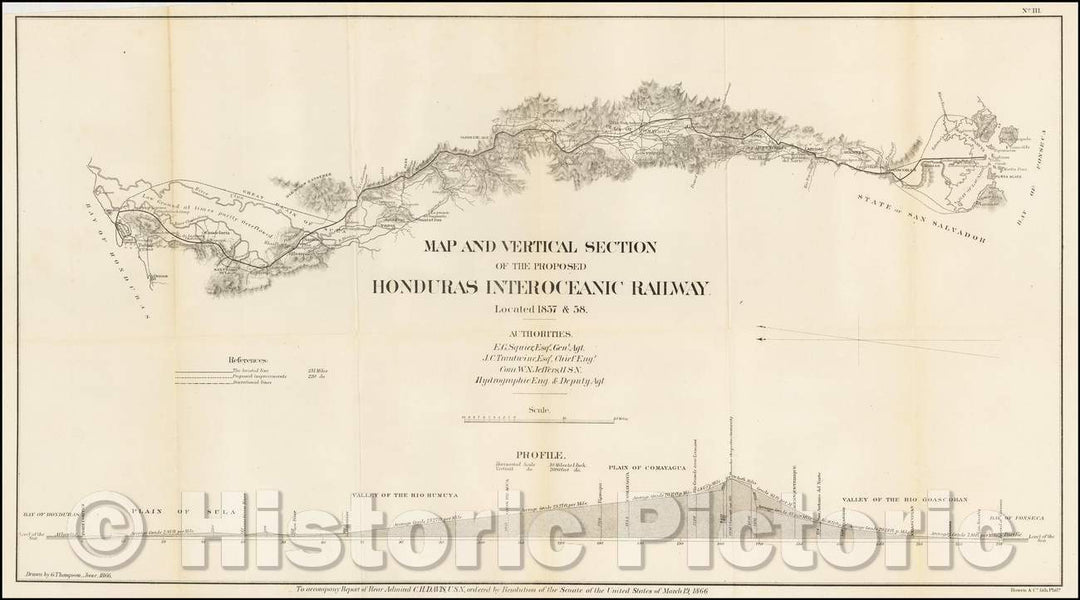 Historic Map - Map and Vertical Section of the Proposed Honduras Interoceanic Railway. Located 1857 & 58, 1868, Bowen & Co. - Vintage Wall Art