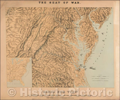 Historic Map - Birds Eye View Of Virginia, Maryland, Delaware And the District of Columbia, 1861, J. Schedler v2