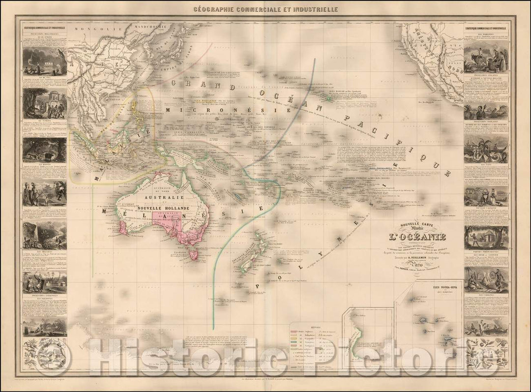 Historic Map - Nouvelle Carte Illustree de L'Oceanie, 1857, Alexandre Vuillemin - Vintage Wall Art