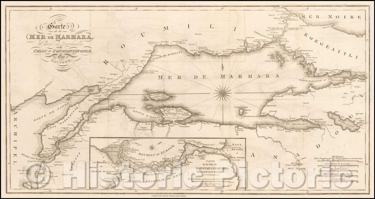Historic Map - Carte de la Mer de Marmara du Canal des Dardanelles et de Celui de Constantinople. Par Kauffer. :: areas around the Sea of Marmora, 1815 - Vintage Wall Art