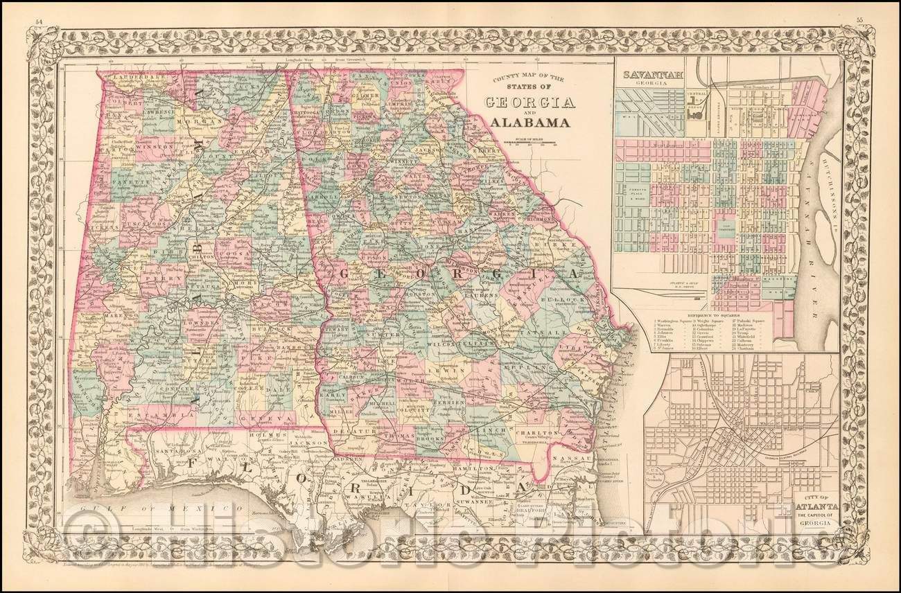 Historic Map - County Map of the States of Georgia and Alabama [Insets of Atlanta and Savannah], 1880, Samuel Augustus Mitchell Jr. v2