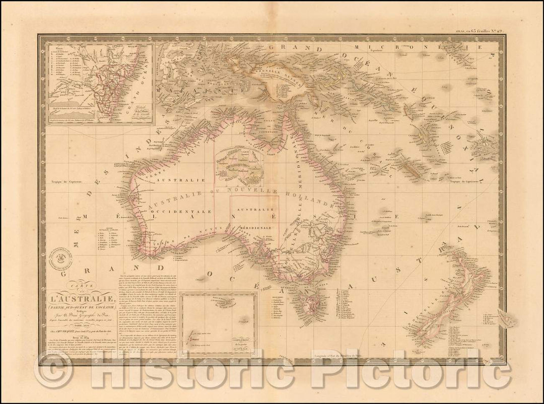 Historic Map - Carte De L'Australie, Partie Sud-Oest De La Oceanie, 1826, Alexandre Emile Lapie - Vintage Wall Art