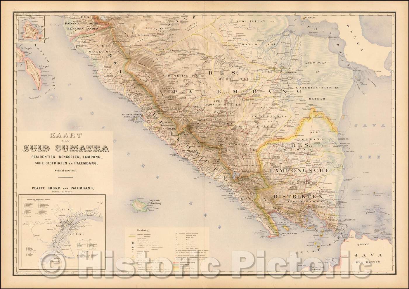 Historic Map - Kaart van Zuid Sumatra Residentien Benkoelen, Lampongsche Distrikten en Palembang./[Sumatra] Map of South Sumatra, Bengkulu residencies, 1885 - Vintage Wall Art