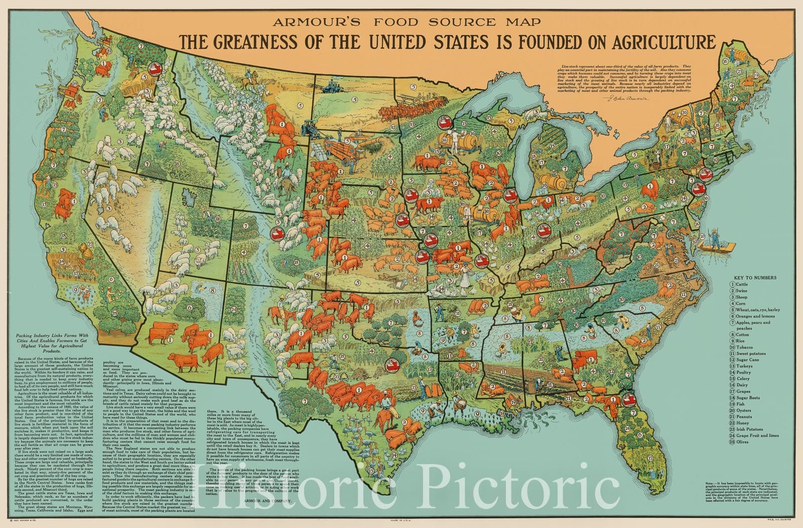 Historic Map - Armour's Food Source Map The Greatness of the United States is Founded on Agriculture, 1922, Armour & Co. v2