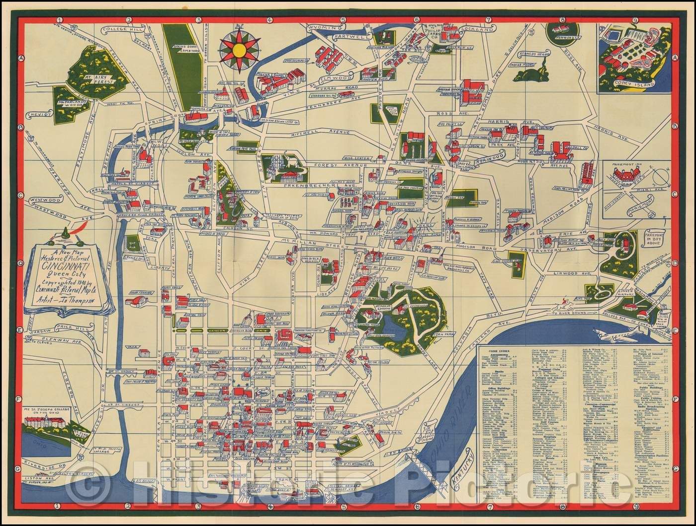 Historic Map - Historic & Pictorial Cincinnati Queen City, 1940, Jo Thompson - Vintage Wall Art