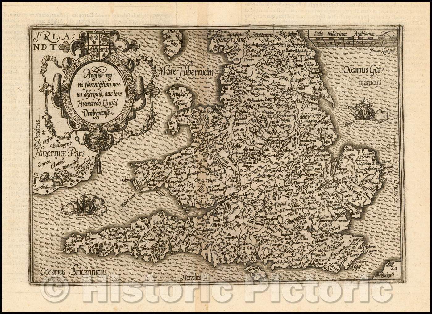 Historic Map - Angliae Regni Florentissimi Nova Descriptio Auctore Humfredo Lhuyd Denbygiense, 1593, Matthias Quad - Vintage Wall Art