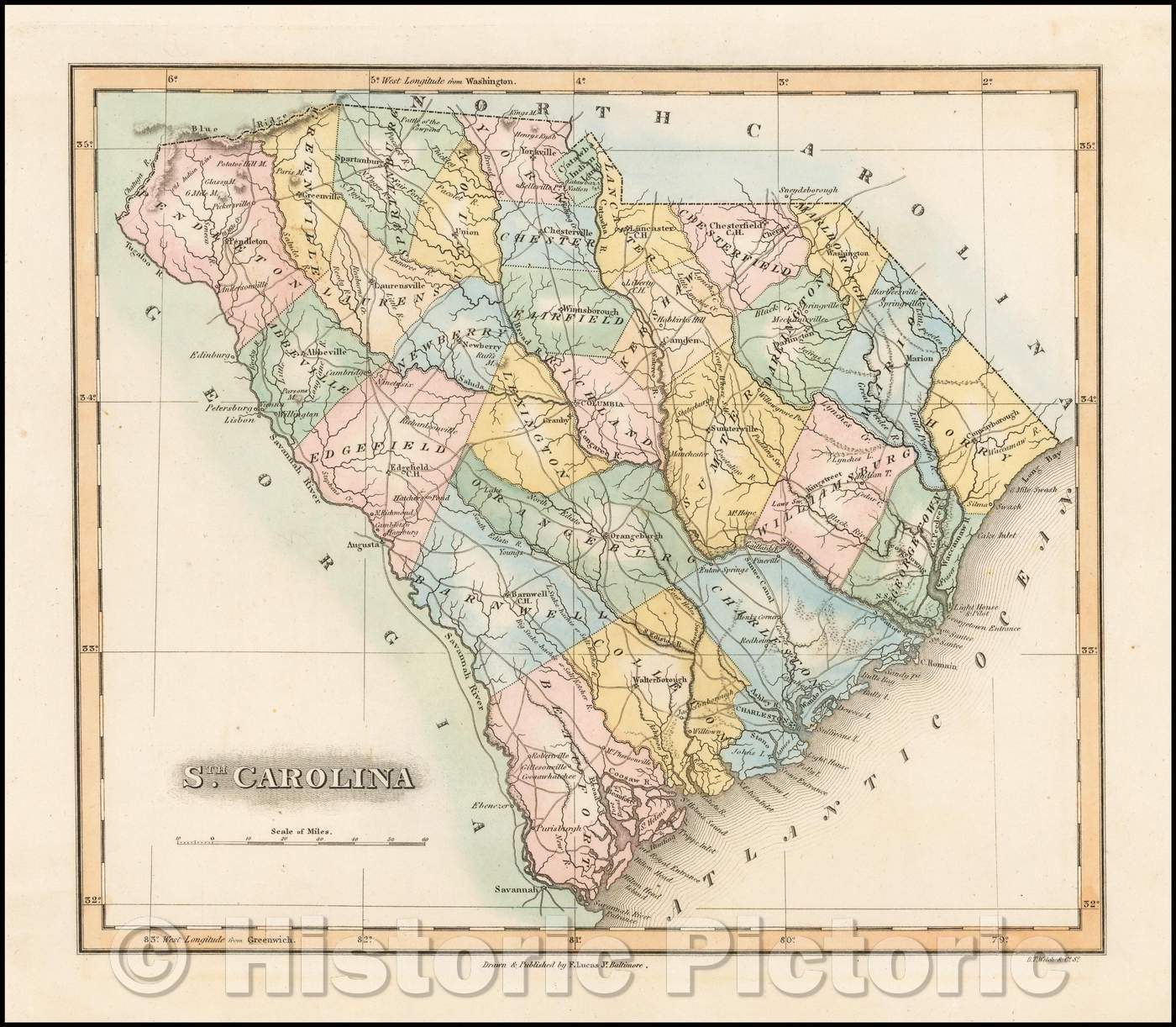 Historic Map - Sth. Carolina, 1823, Fielding Lucas Jr. - Vintage Wall Art