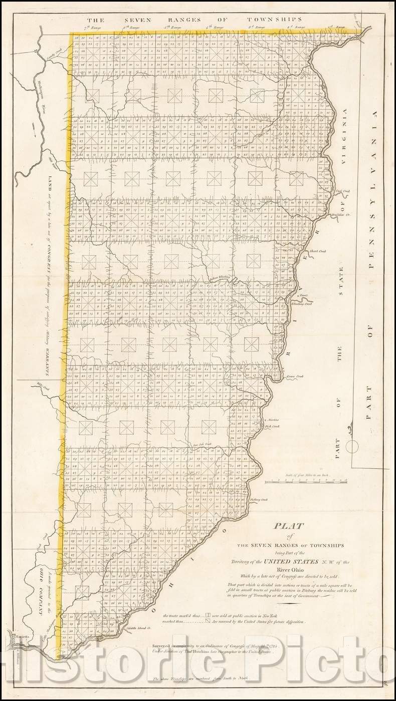 Historic Map - Plat of the Seven Ranges of Townships being Part of the Territory of the United States N.W. of the River Ohio, 1796, Mathew Carey - Vintage Wall Art