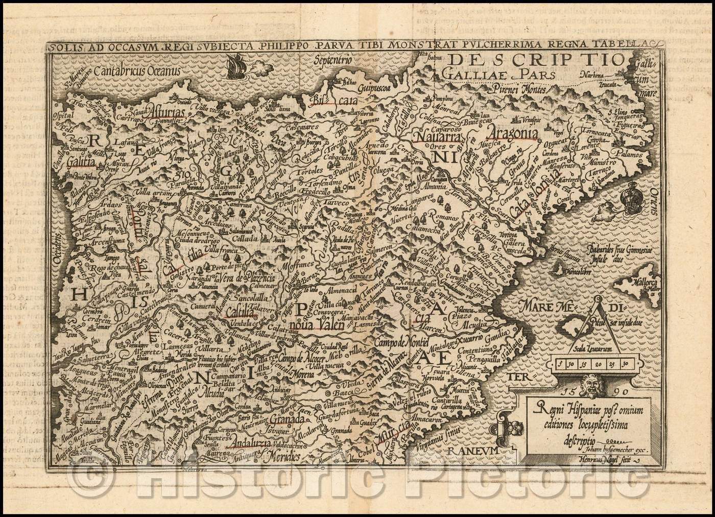 Historic Map - Regni Hispaniae post omium editiones loccipletissima descriptio, 1590, Janus Bussemacher - Vintage Wall Art