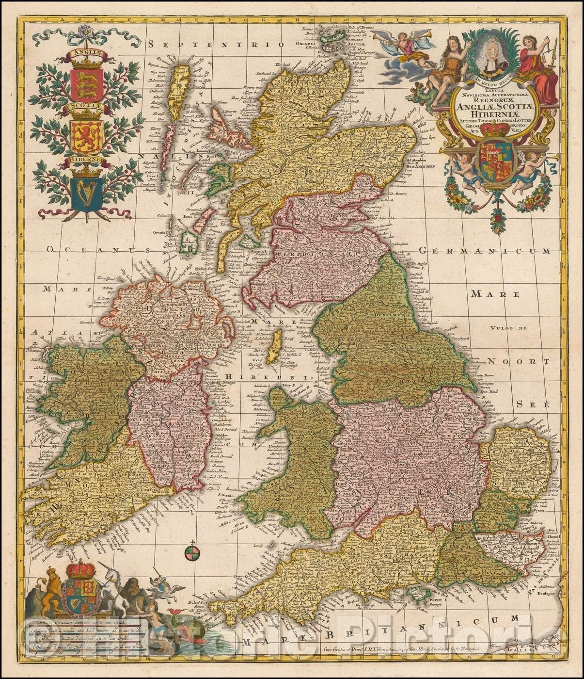 Historic Map - Tabula Novissima Accuratissima Regnorum Angliae, Scotiae, Hiberniae/The last board of Delft Kingdoms of England, Scotland, Ireland, 1740 - Vintage Wall Art