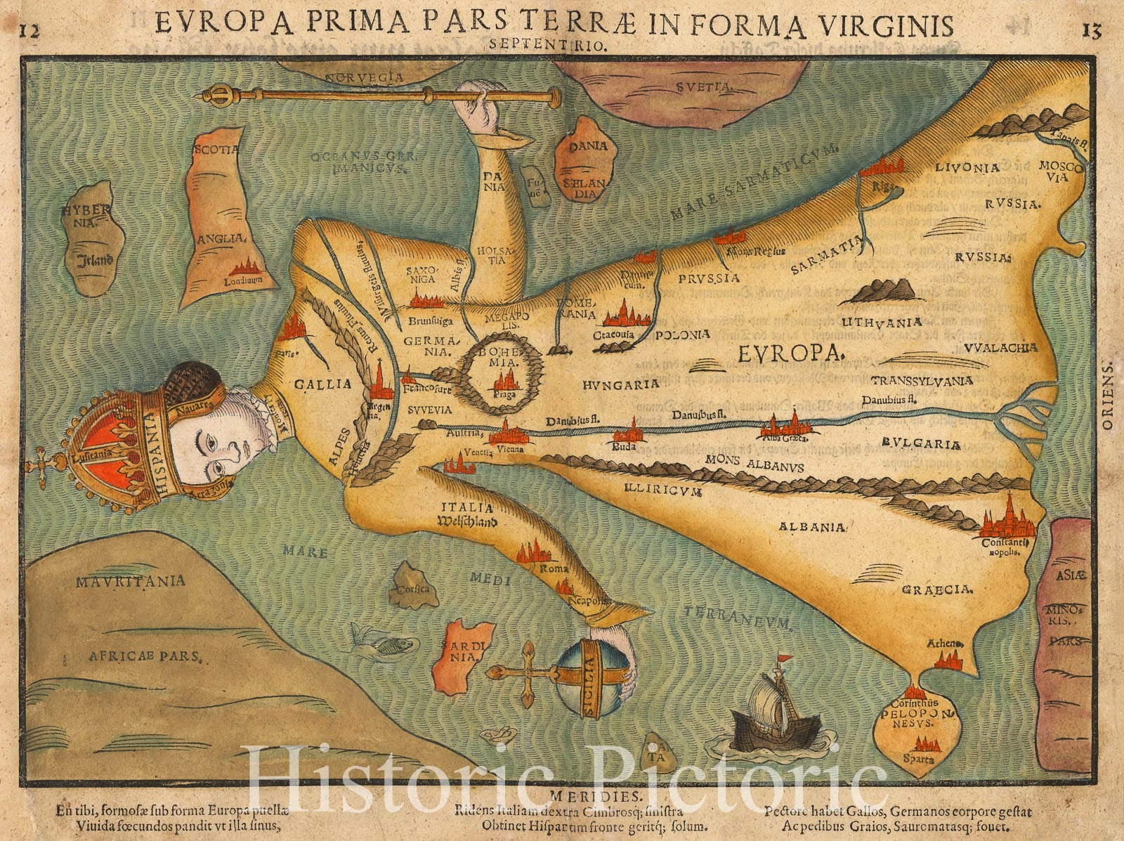 Historic Map - Europe in the Shape of a Queen Europa Prima Pars Terrae In Forma Virginis, 1581, Heinrich Bunting - Vintage Wall Art