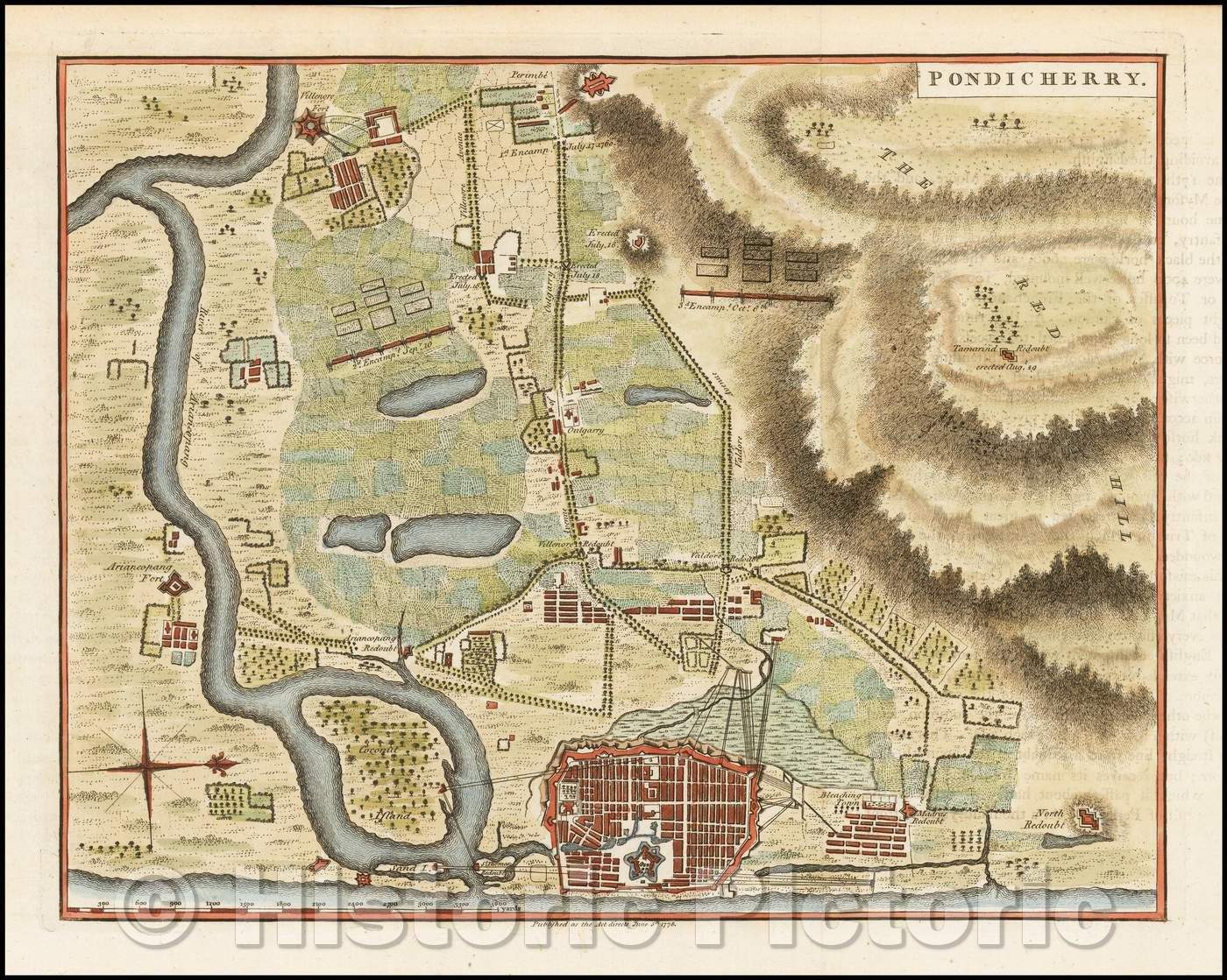 Historic Map - Pondicherry, 1778, Jacques Nicolas Bellin - Vintage Wall Art