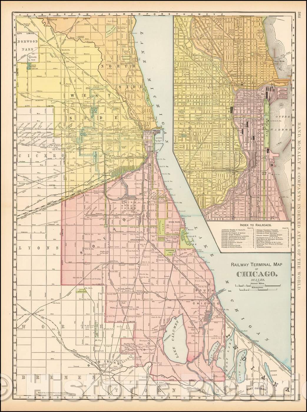 Historic Map - Railway Terminal Map of Chicago, 1899, Rand McNally & Company - Vintage Wall Art