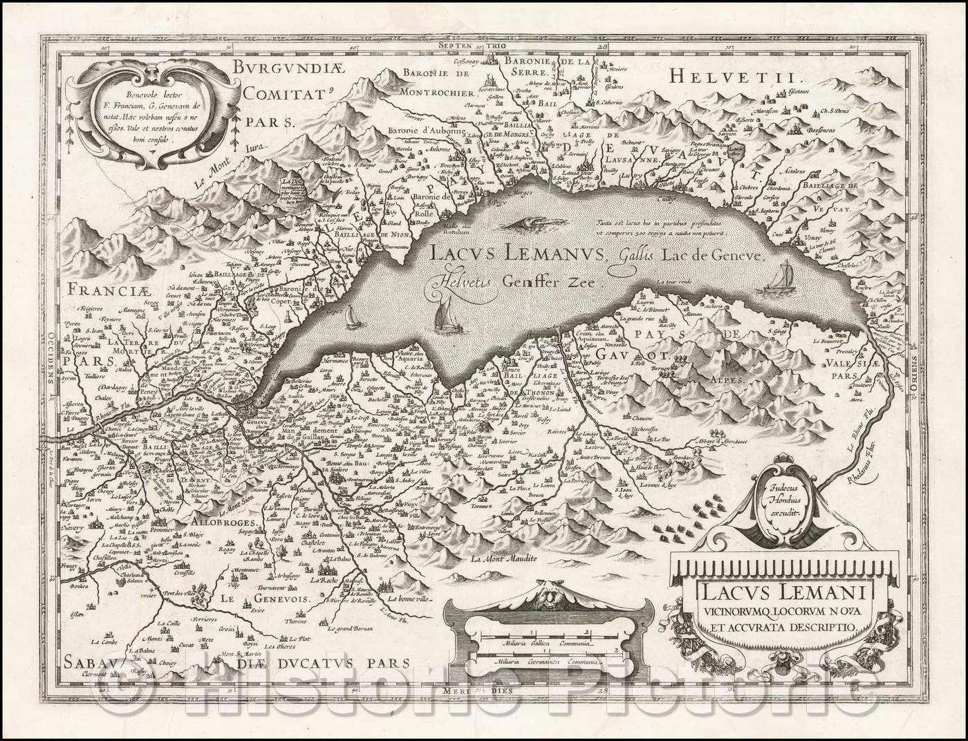 Historic Map - Lacus Lemani Vicinorumq. Locorum Nova et Accurata Descriptio :: Jodocus Hondius' of the Region around Lake Geneva, Ortelius' of 1603, 1619 - Vintage Wall Art