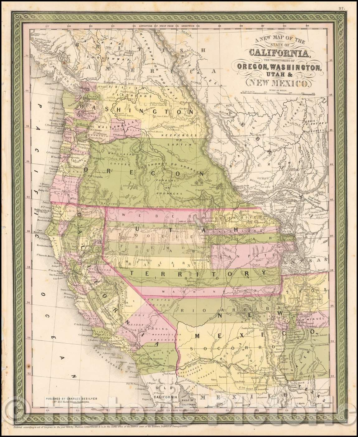 Historic Map - The State Of California, The Territories Of Oregon, Washington, Utah & New Mexico, 1855, Charles Desilver - Vintage Wall Art
