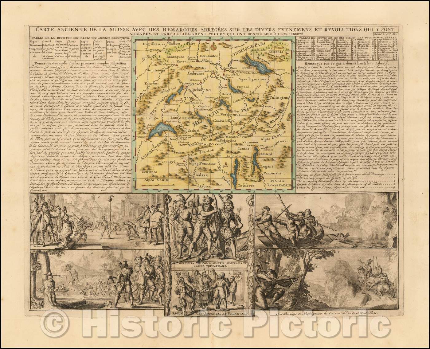 Historic Map - Carte Ancienne de la Suisse/Old map of Switzerland with abbreviated Notes on Various events Revolutions, 1719, Henri Chatelain - Vintage Wall Art