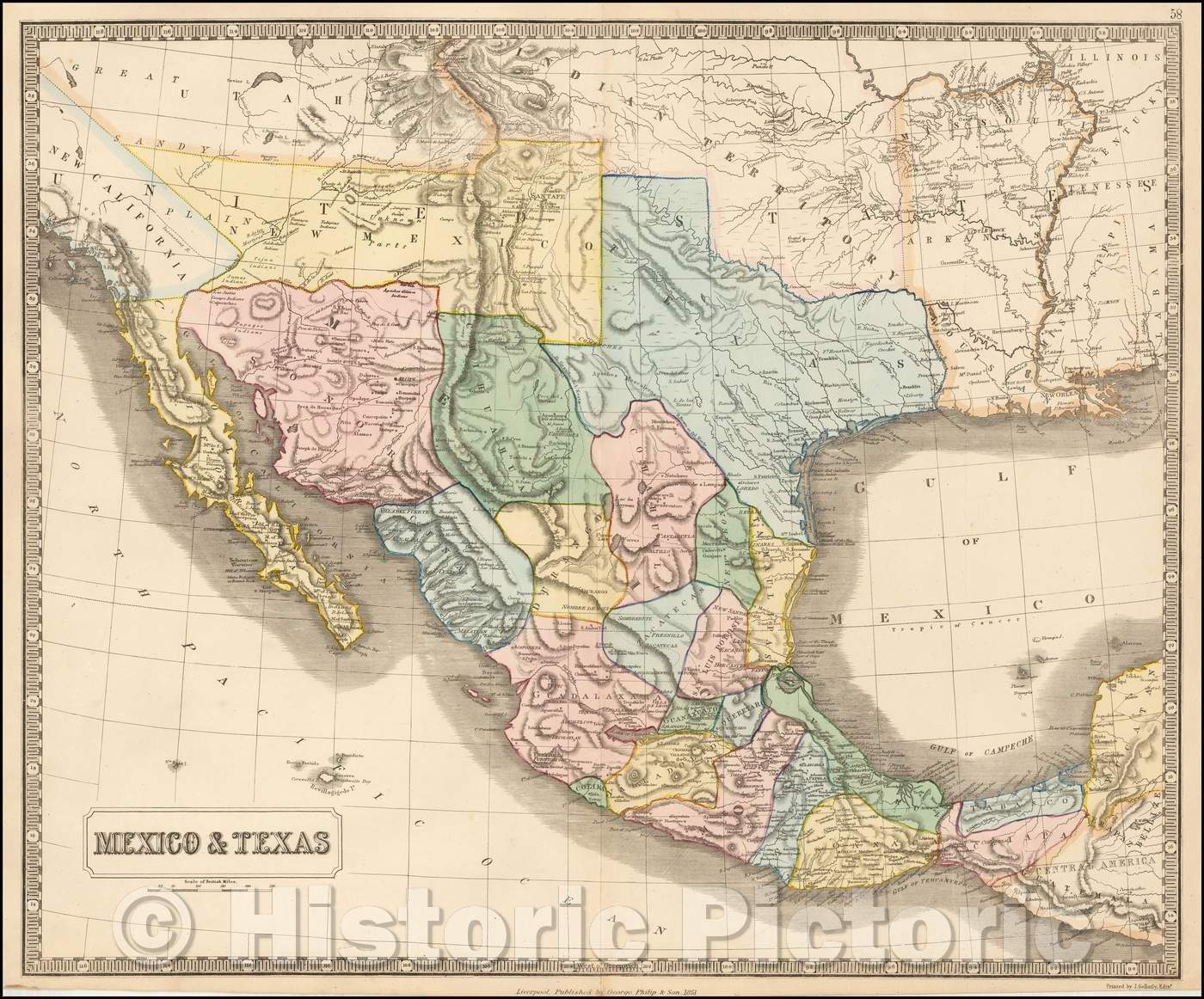 Historic Map - Mexico & Texas, 1851, George Philip & Son - Vintage Wall Art