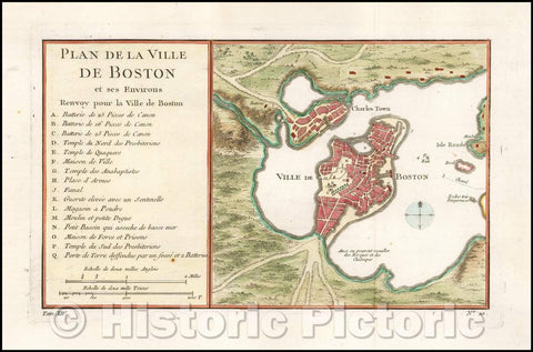 Historic Map - Plan De La Ville De Boston et ses Environs/Map Of The City Of Boston and its Environs, 1764, Jacques Nicolas Bellin - Vintage Wall Art