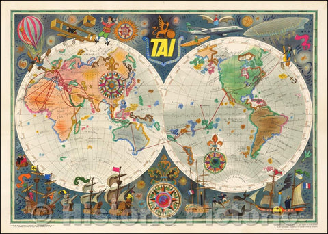 Historic Map - TAI Transports Aeriens Intercontinentaux/TAI Advertising Map of the World By Noted French Artist Luc-Marie Bayle, 1957, Luc Marie Bayle - Vintage Wall Art