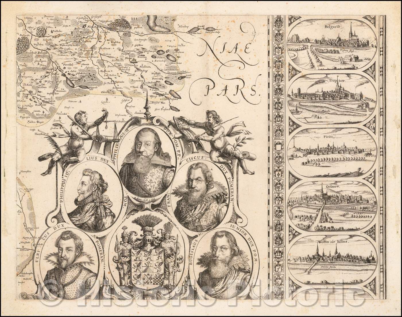 Historic Map - (Western Poland with City Views) Nova illustrissimi principatus Pomeraniae descriptio cum adjuncta Principum/Map of Pomerania, 1618 - Vintage Wall Art