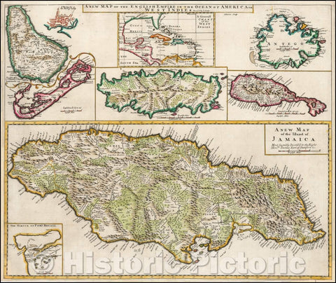 Historic Map - The English Empire in the Ocean of America or West Indies (Jamaica,Port Royal, Bermuda, Barbados, Bridgetown, Tobago, Antigua, St. Christ, 1721 v2
