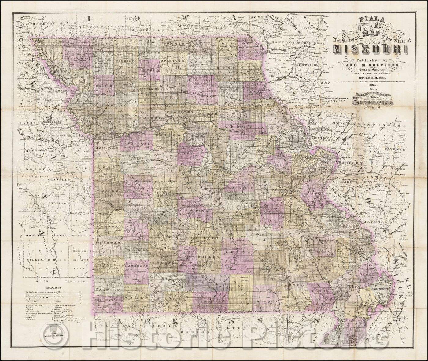 Historic Map - Fiala and Haren's New Sectional Map of the State of Missouri, 1865, John T Fiala - Vintage Wall Art