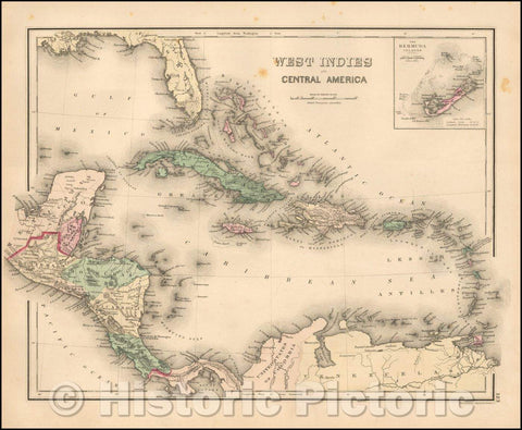 Historic Map - West Indies and Central America [Bermuda inset], 1875, OW Gray - Vintage Wall Art