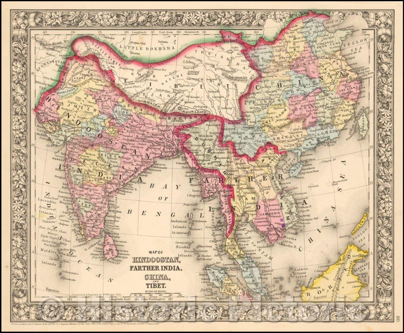Historic Map - Map of Hindoostan, Farther India, China and Tibet, 1863, Samuel Augustus Mitchell Jr. - Vintage Wall Art