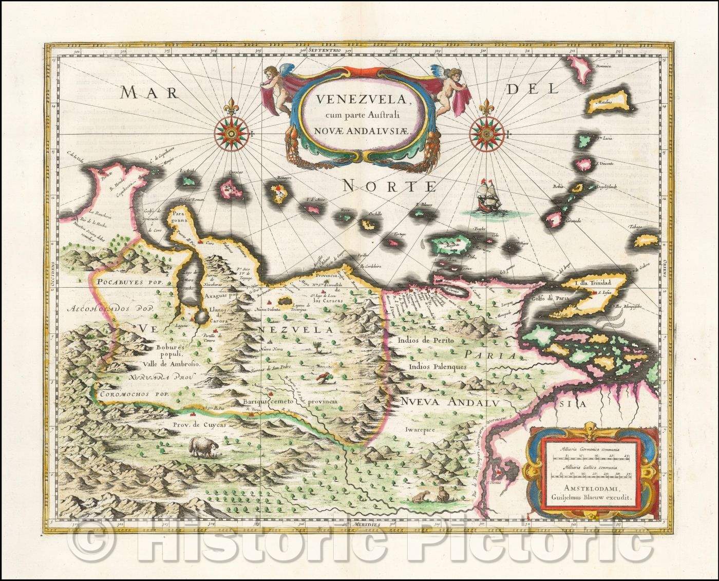 Historic Map - Venezuela cum parte Australi Novae Andalusiae, 1640, Willem Janszoon Blaeu - Vintage Wall Art