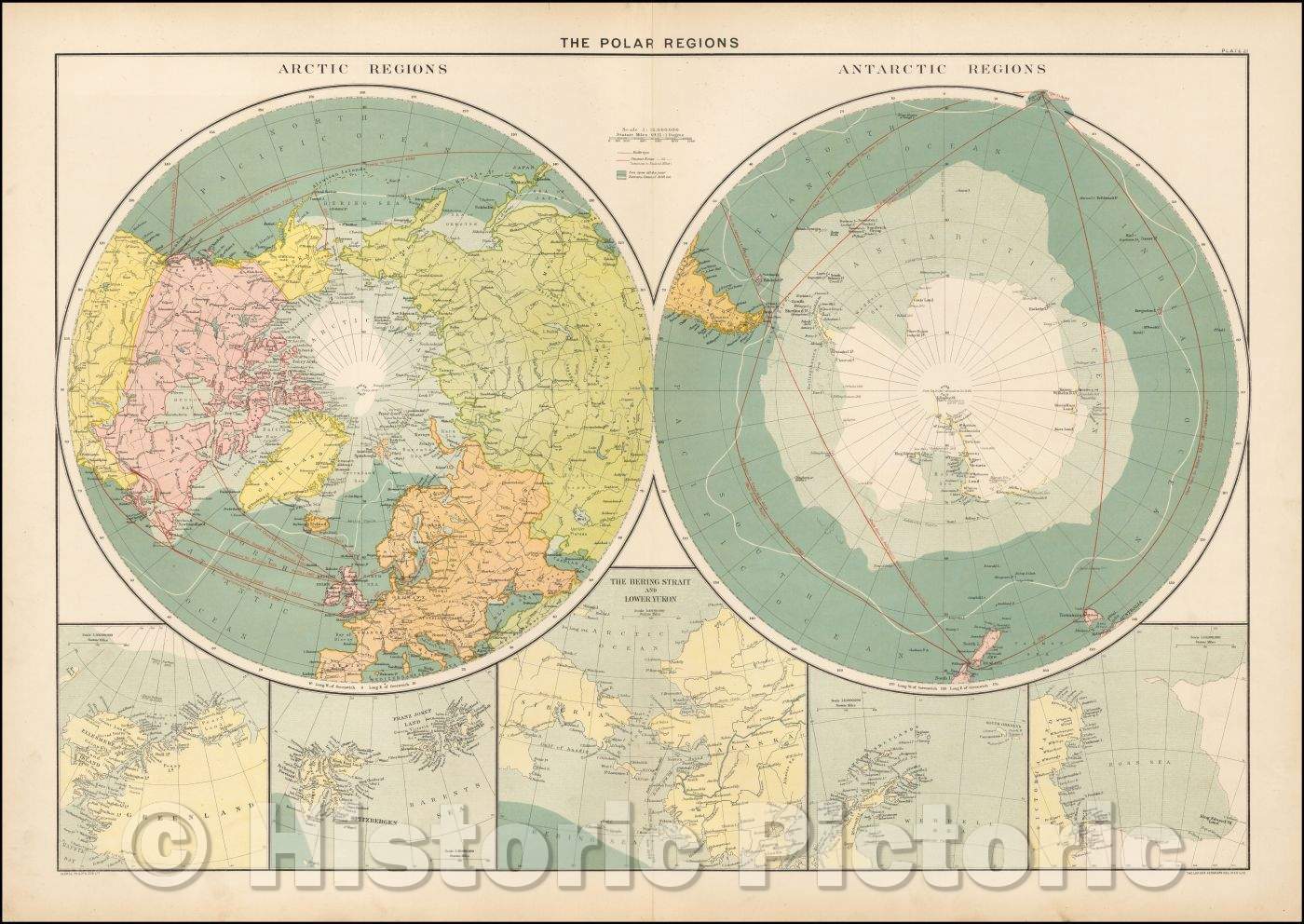 Historic Map - The Polar Regions (Arctic Regions and Antarctic Regions), 1915, George Philip & Son - Vintage Wall Art