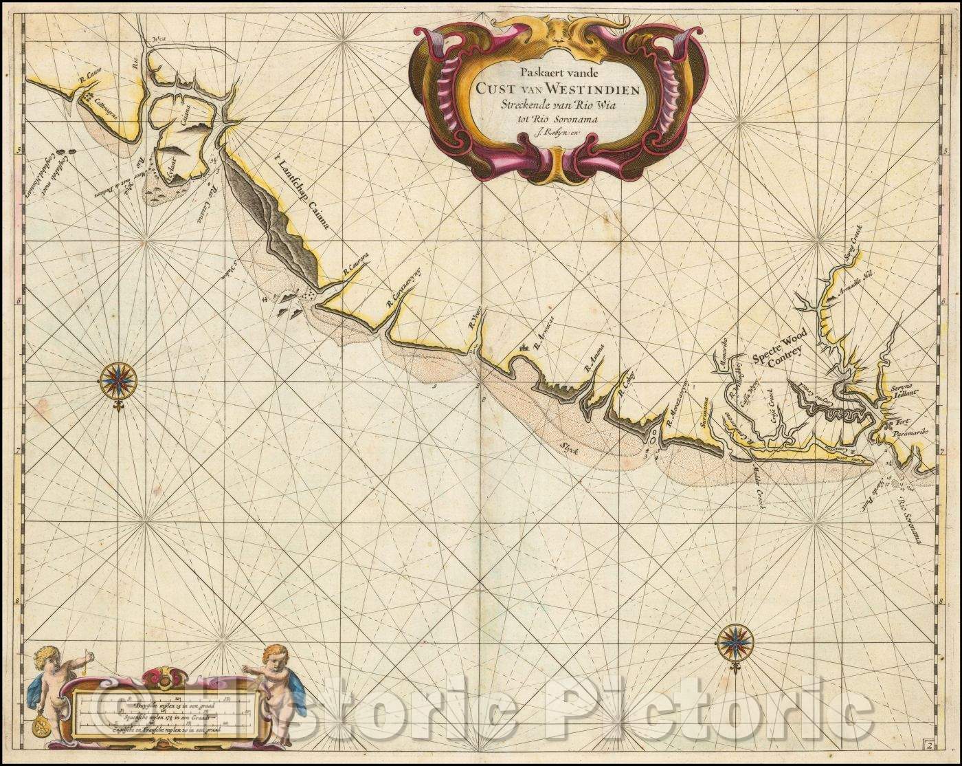 Historic Map - (Surinam & French Guiana) Paskaerte vande Cust van Westindien Stre/Sea Chart of the Coastline of Surinam and French Guiana, 1698 - Vintage Wall Art