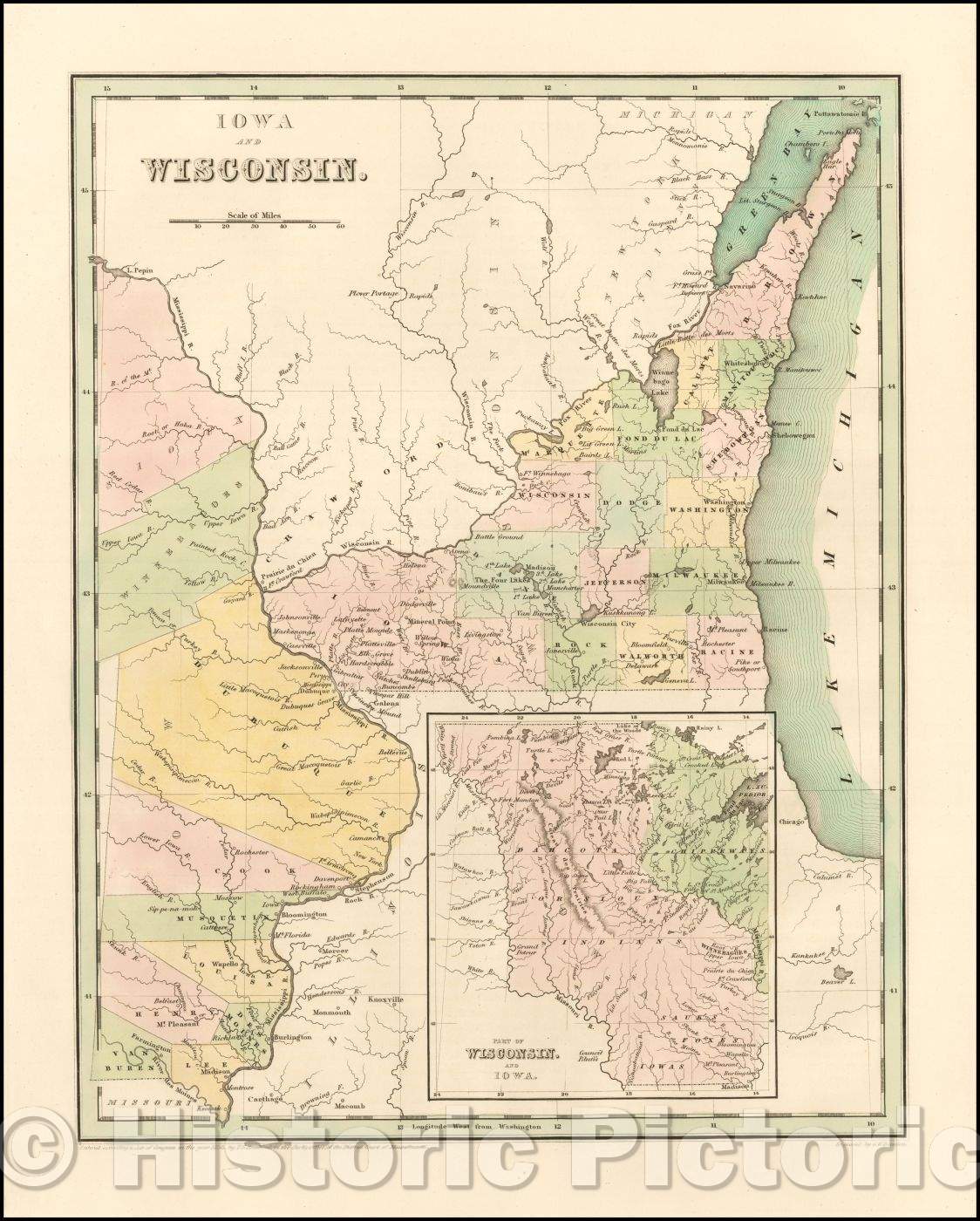 Historic Map - Iowa and Wisconsin, 1838, Thomas Gamaliel Bradford - Vintage Wall Art