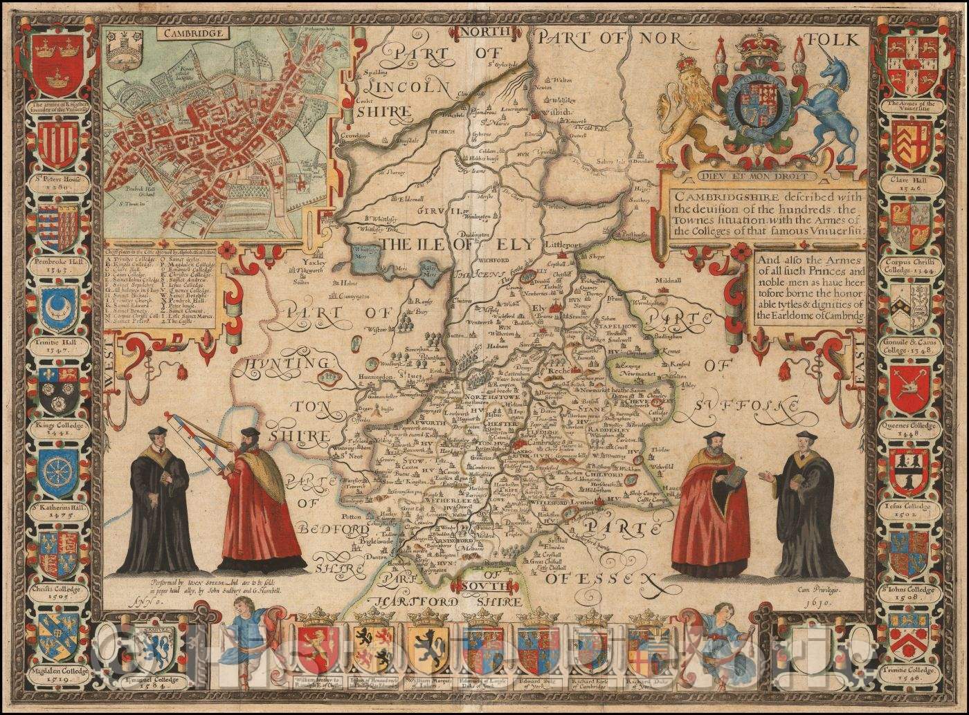 Historic Map - Cambridgshire described with the devision of the hundreds, the Townes situation with the Armes of the Colleges of that famous Universiti: 1676 - Vintage Wall Art