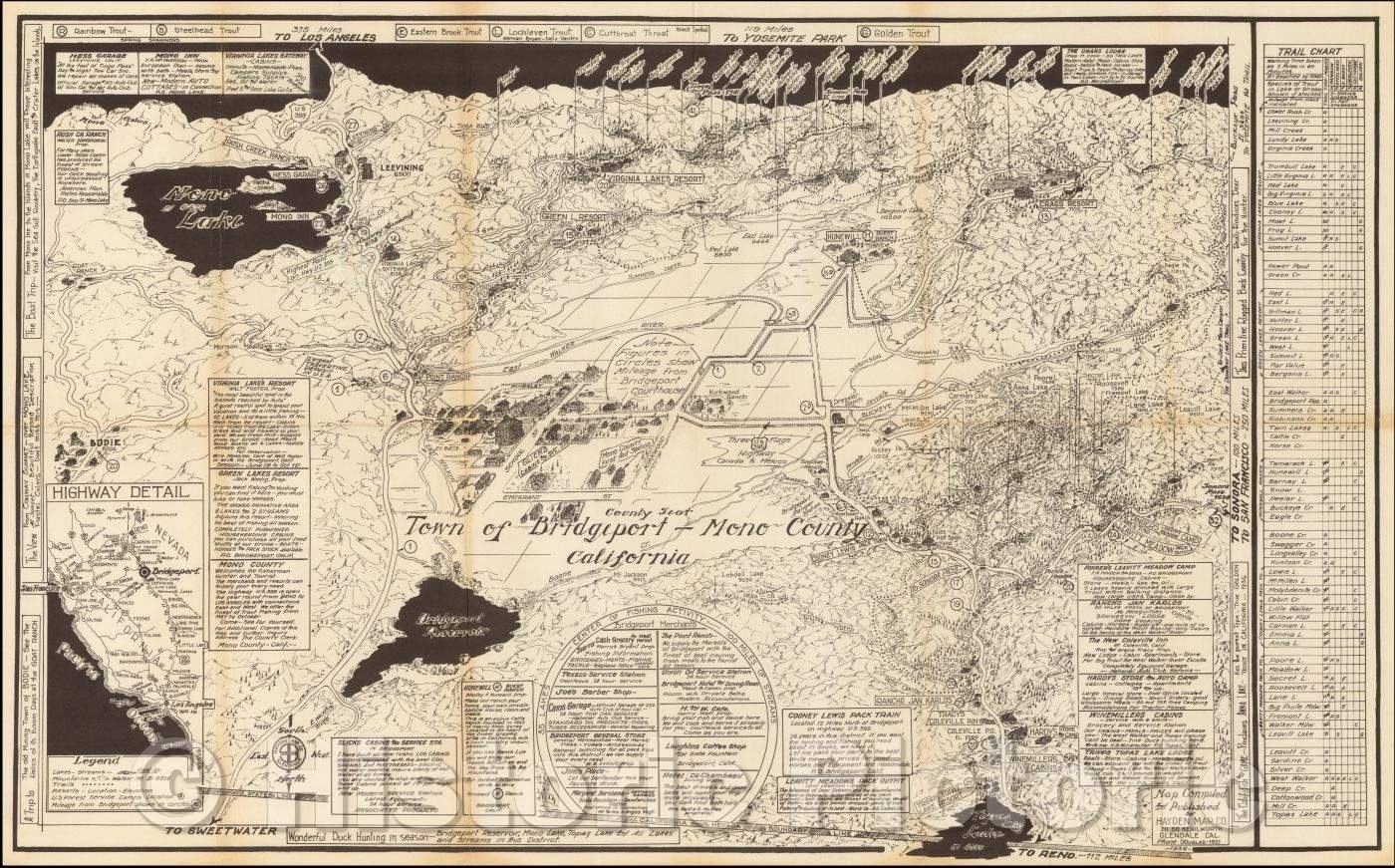 Historic Map - Town of Bridgeport - Mono County California, 1936, Hayden Map Co - Vintage Wall Art