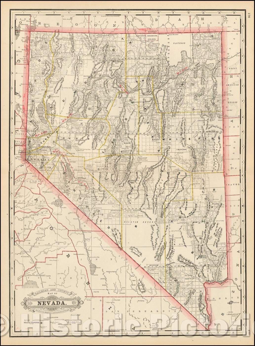 Historic Map - Railroad and County Map of Nevada, 1882, George F. Cram ...