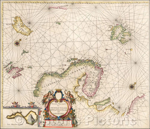 Historic Map - Nieuwe Pascaart door Arnold Colom t Amsterdam op het Watter/Sea Chart of the Scandinavia, Iceland to Spitzberg and Nova Zembla, 1658 - Vintage Wall Art