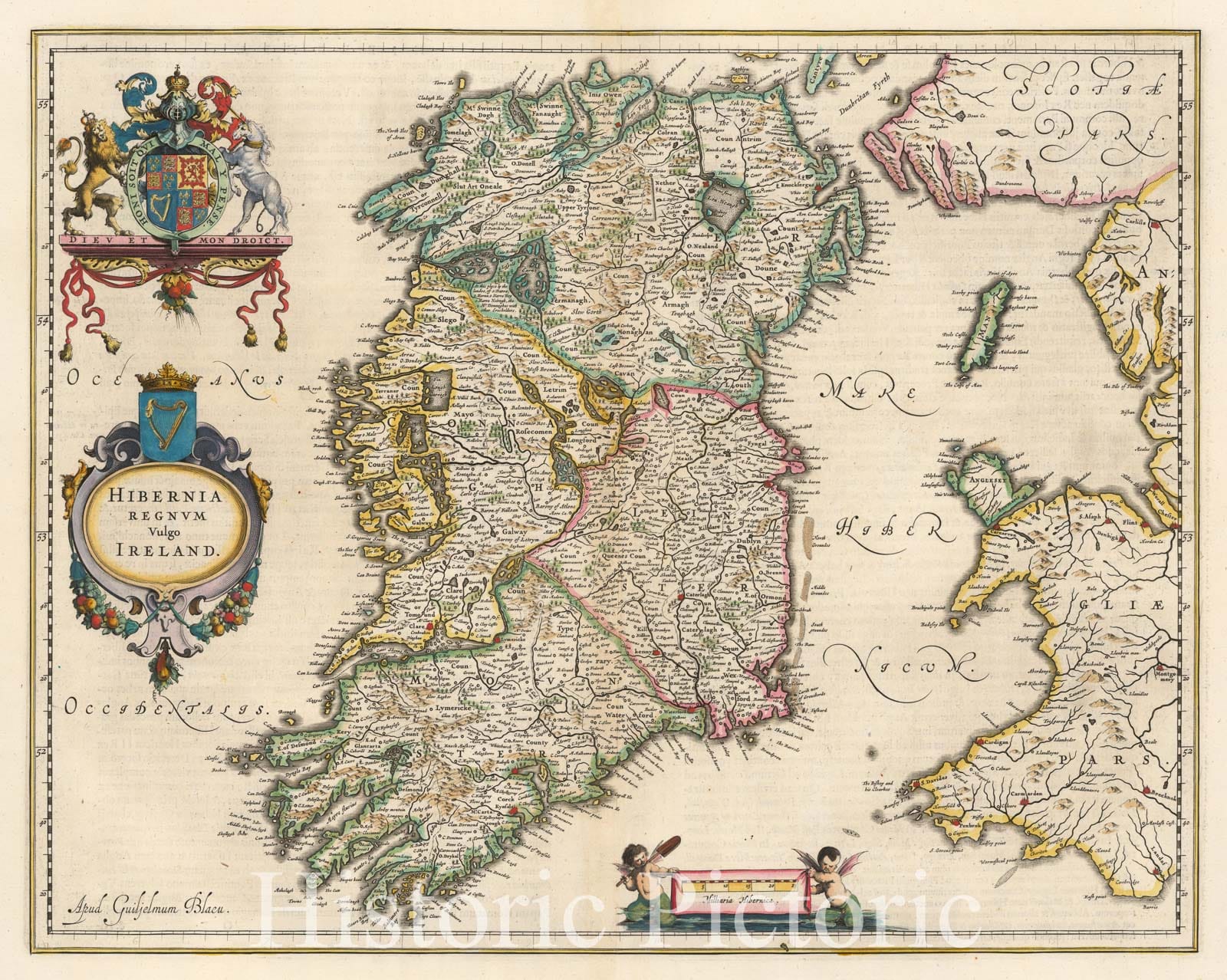 Historic Map - Hibernia Regnum Vulgo Ireland/Commonly Kingdom Ireland Ireland, 1640, Willem Janszoon Blaeu - Vintage Wall Art